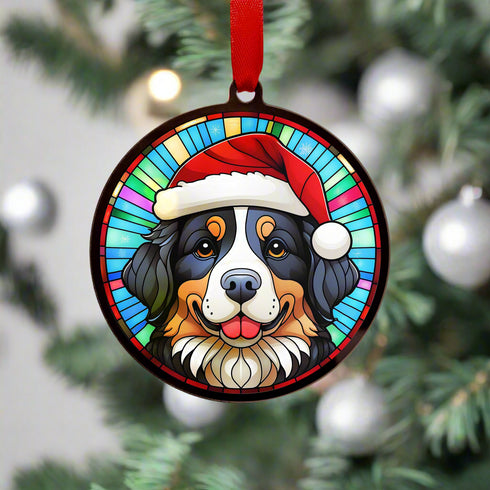 Bernese Mountain Dog in Santa Hat Suncatcher Decoration